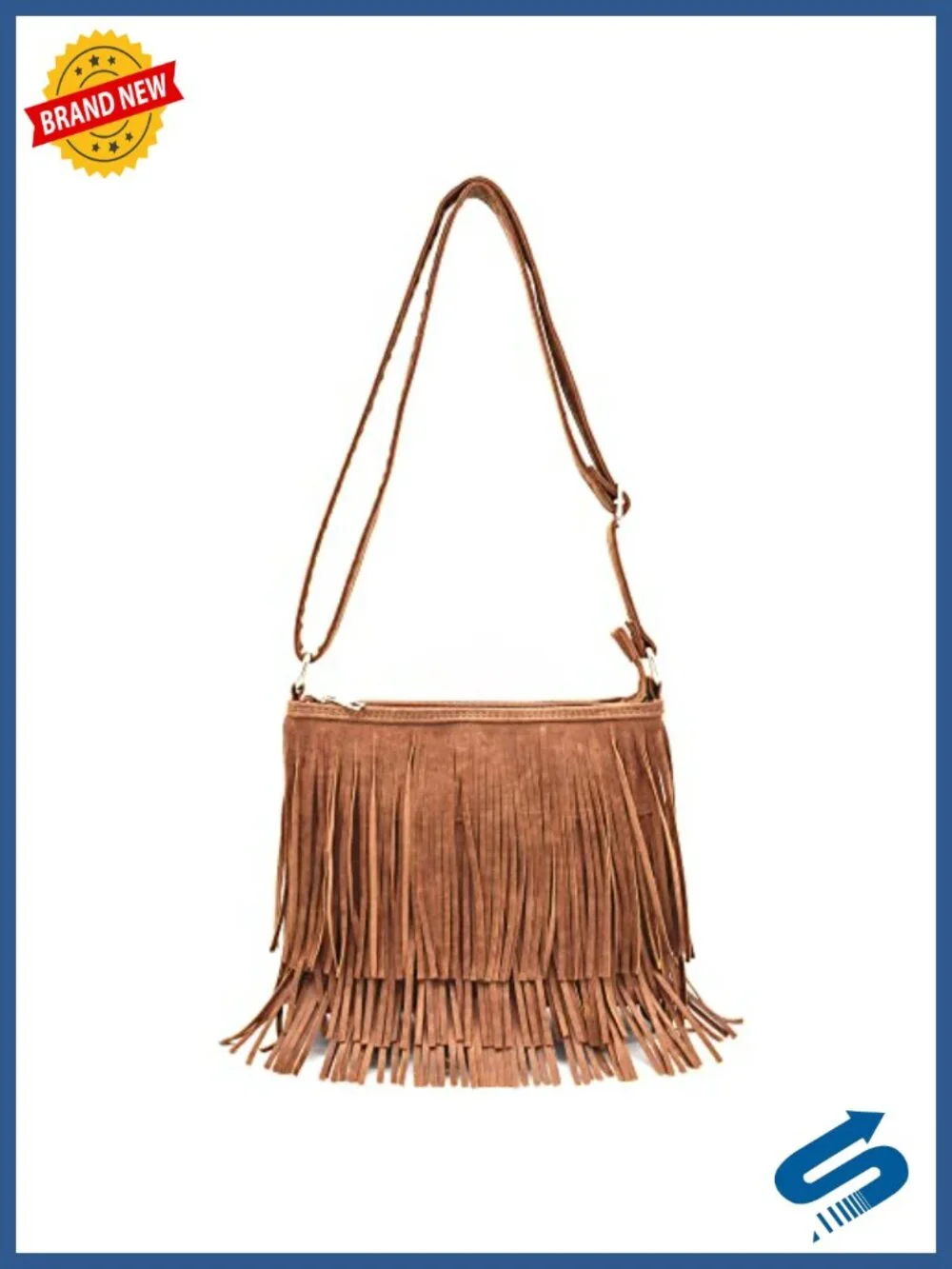 Vegan Leather Fringe Crossbody Handbag with Adjustable Strap, Zip Top